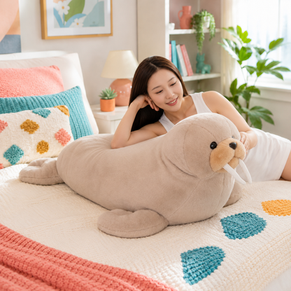 Largest Wally Wobbles walrus plushie stretched across a colorful bed beside a woman for scale.
