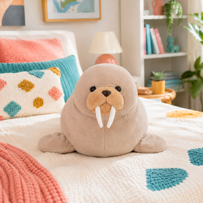 Front-facing warm taupe Wally Wobbles walrus plushie on a colorful bed in a bright bedroom.