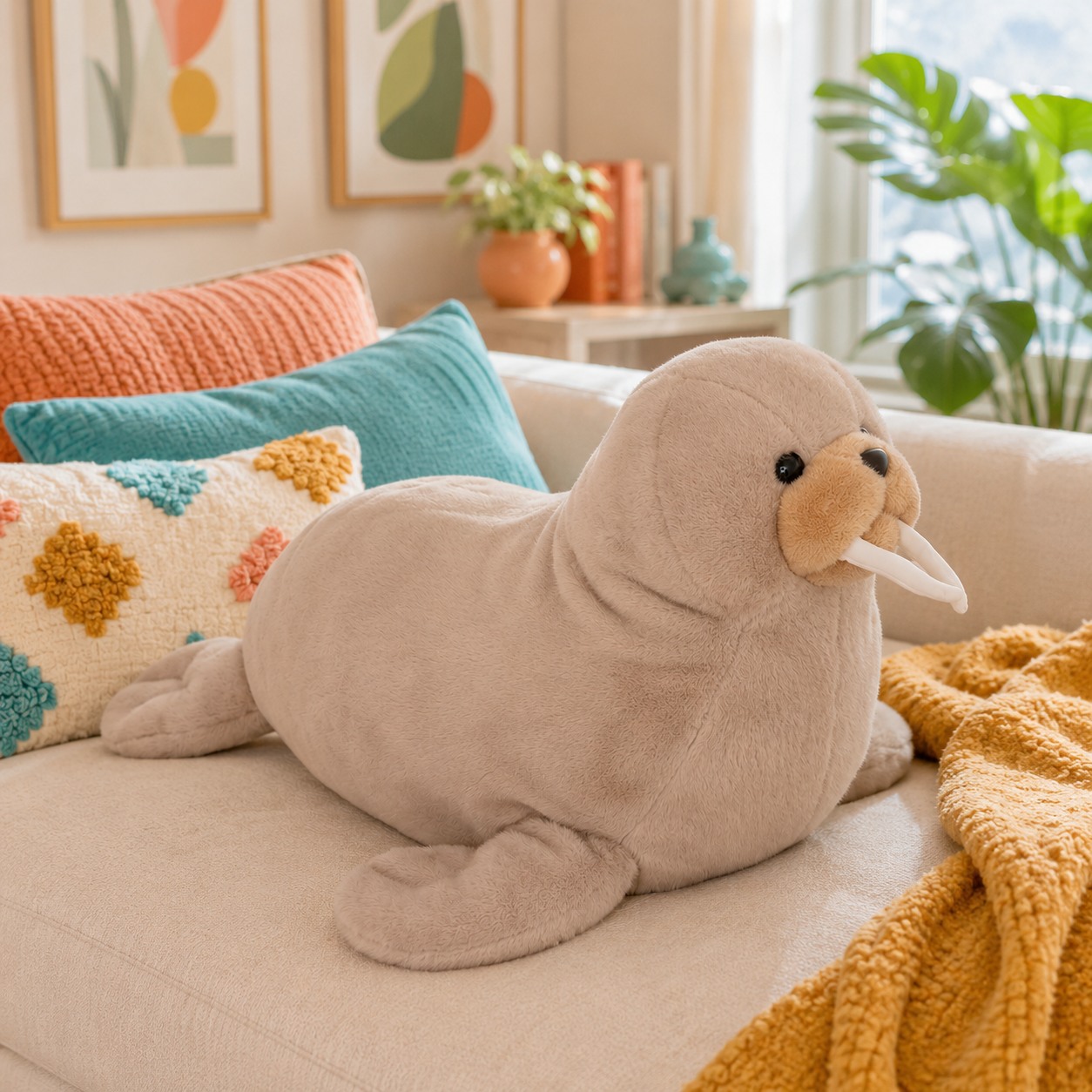 Warm taupe Wally Wobbles walrus plushie styled on a colorful sofa with pillows and plants.