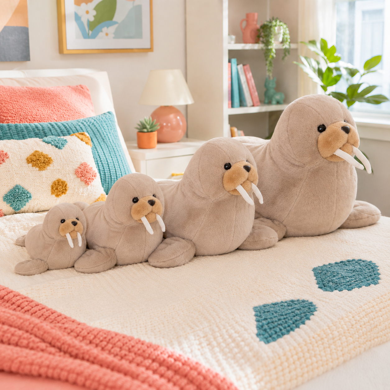 Four warm taupe Wally Wobbles walrus plushies arranged from smallest to largest on a colorful bed.