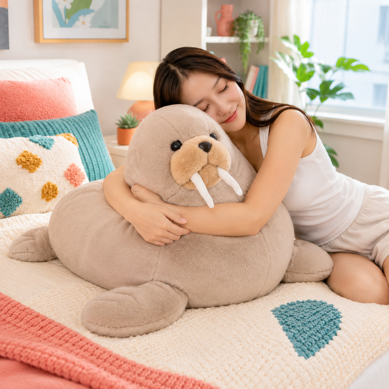 Woman hugging a large warm taupe Wally Wobbles walrus plushie on a colorful bed.