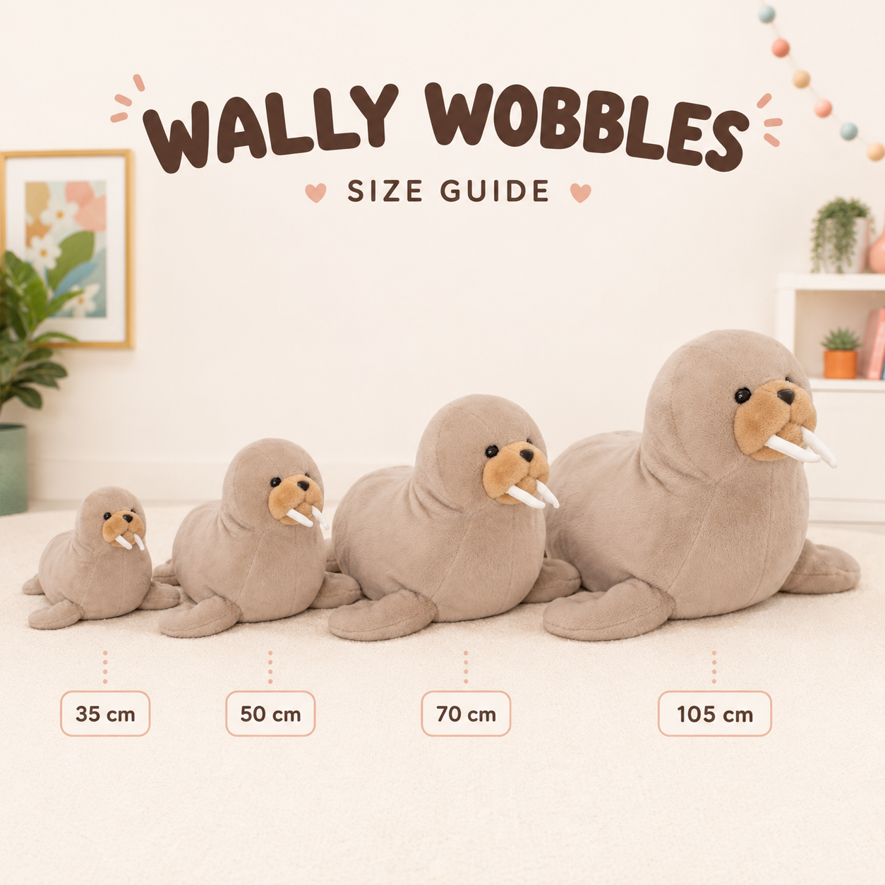 Wally Wobbles walrus plushie size guide showing 35 cm, 50 cm, 70 cm, and 105 cm options.