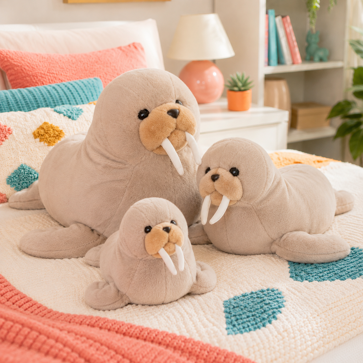 Three warm taupe Wally Wobbles walrus plushies in different sizes arranged together on a colorful bed.