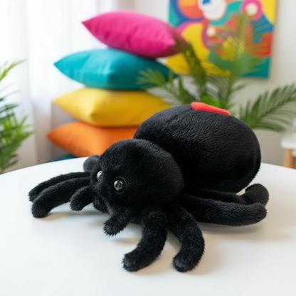 Black plush spider toy on a white surface with colorful pillows and plants in the background