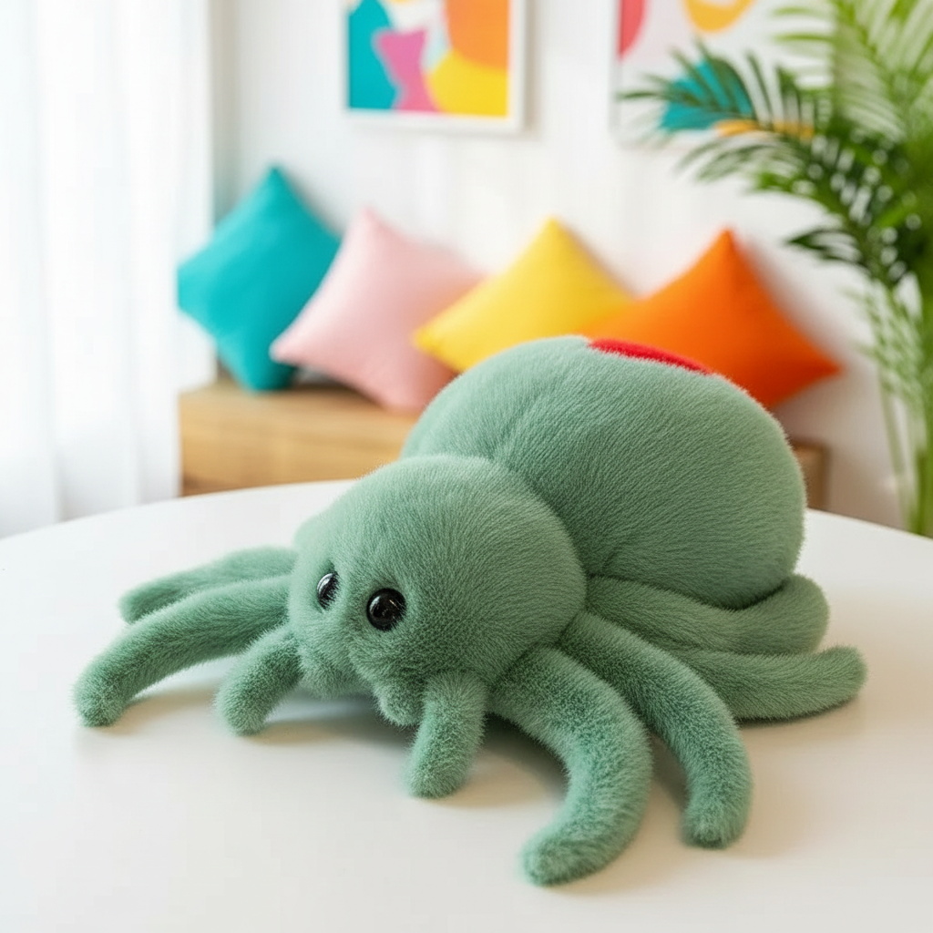 Green plush spider toy on a white surface with colorful pillows and a plant in the background