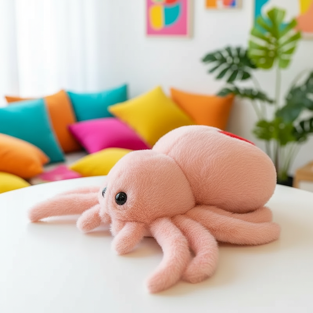 Pink plush spider toy on a white surface with colorful pillows and plants in the background