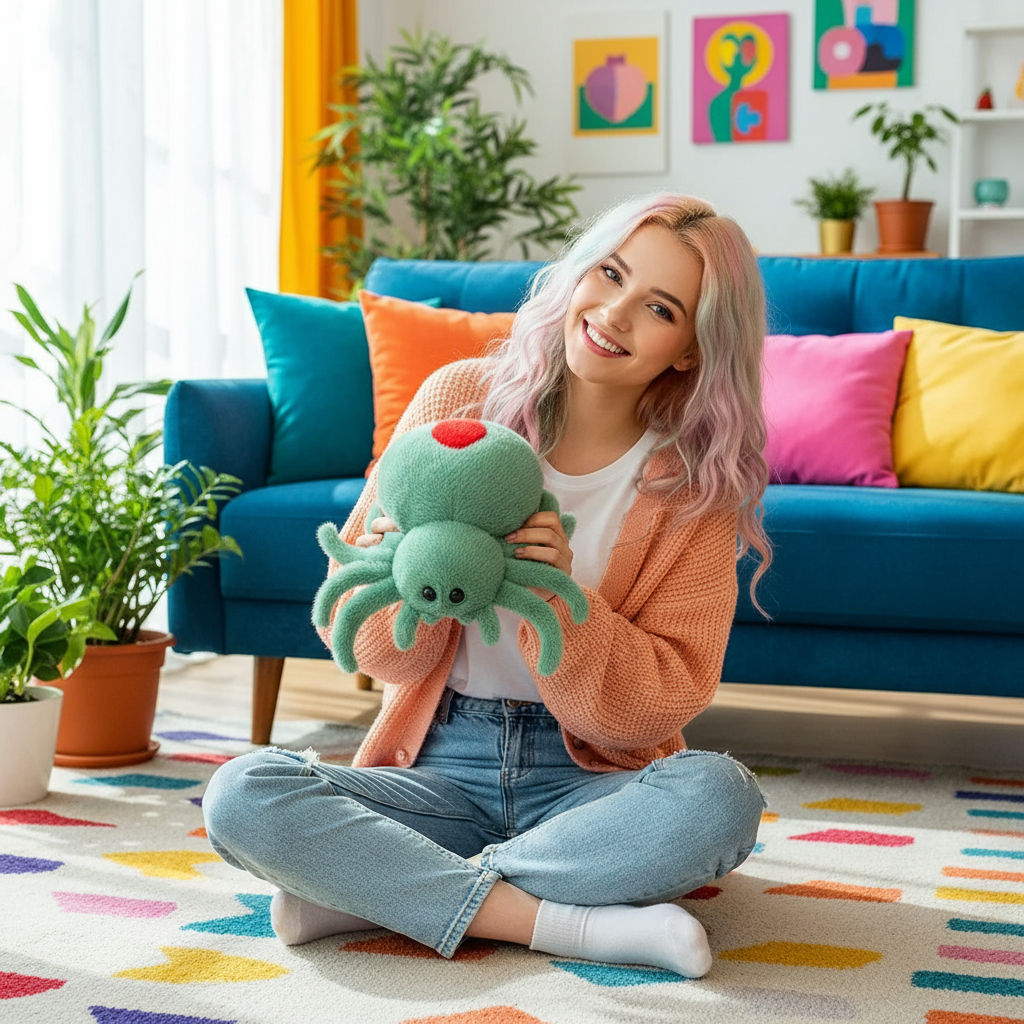 Woman holding a green plush toy in a colorful living room