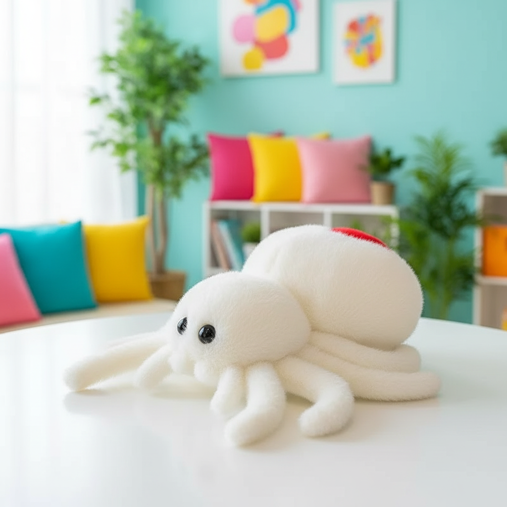 White plush toy spider on a table with a colorful room background