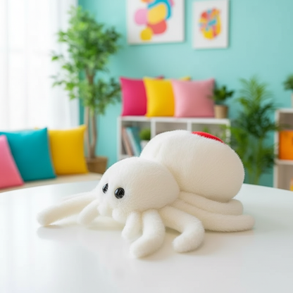 White plush toy spider on a table with a colorful room background