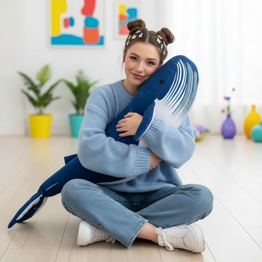 Person holding a blue whale-shaped plushie in a room with colorful decorations and plants.