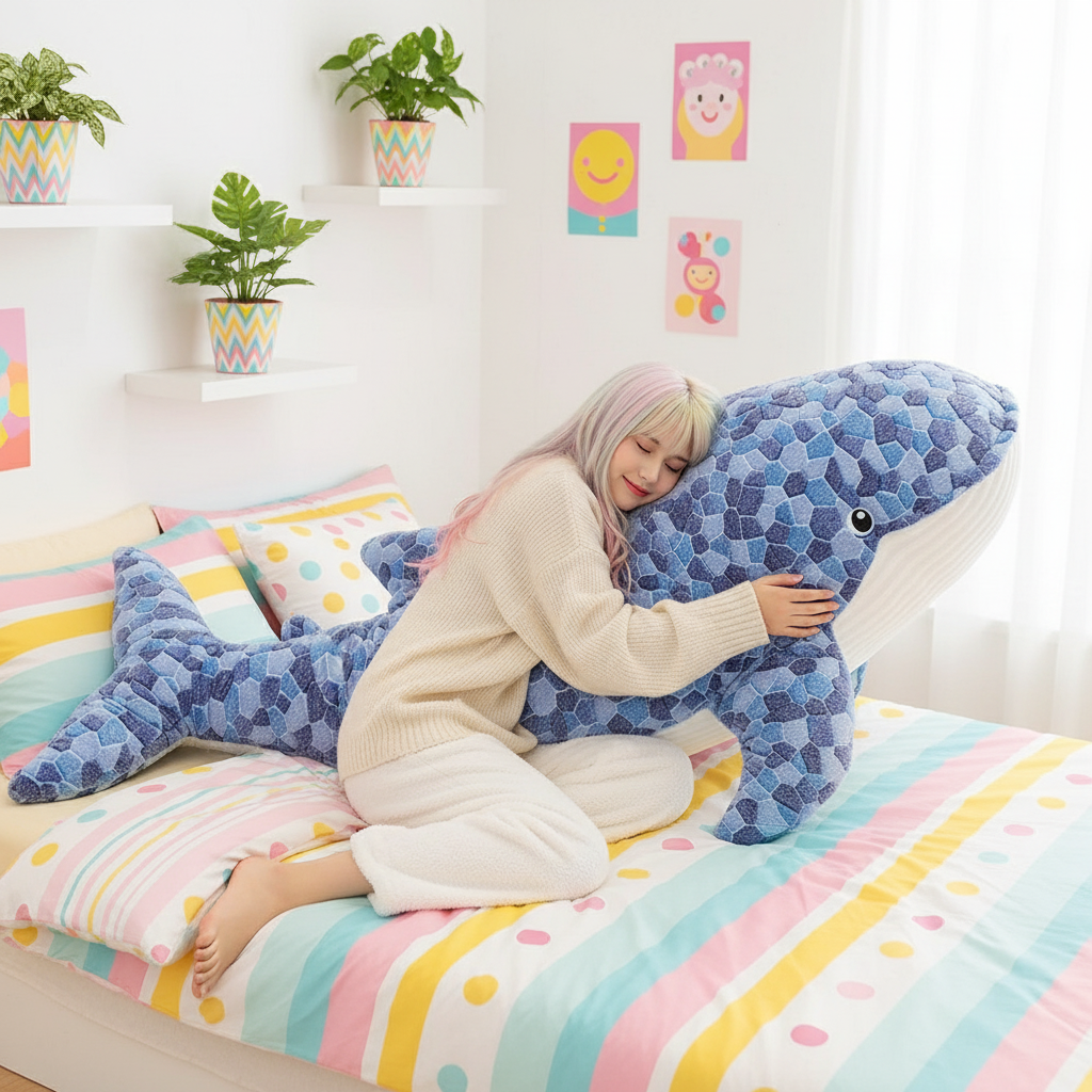 Person hugging a large blue shark-shaped pillow in a bright bedroom.