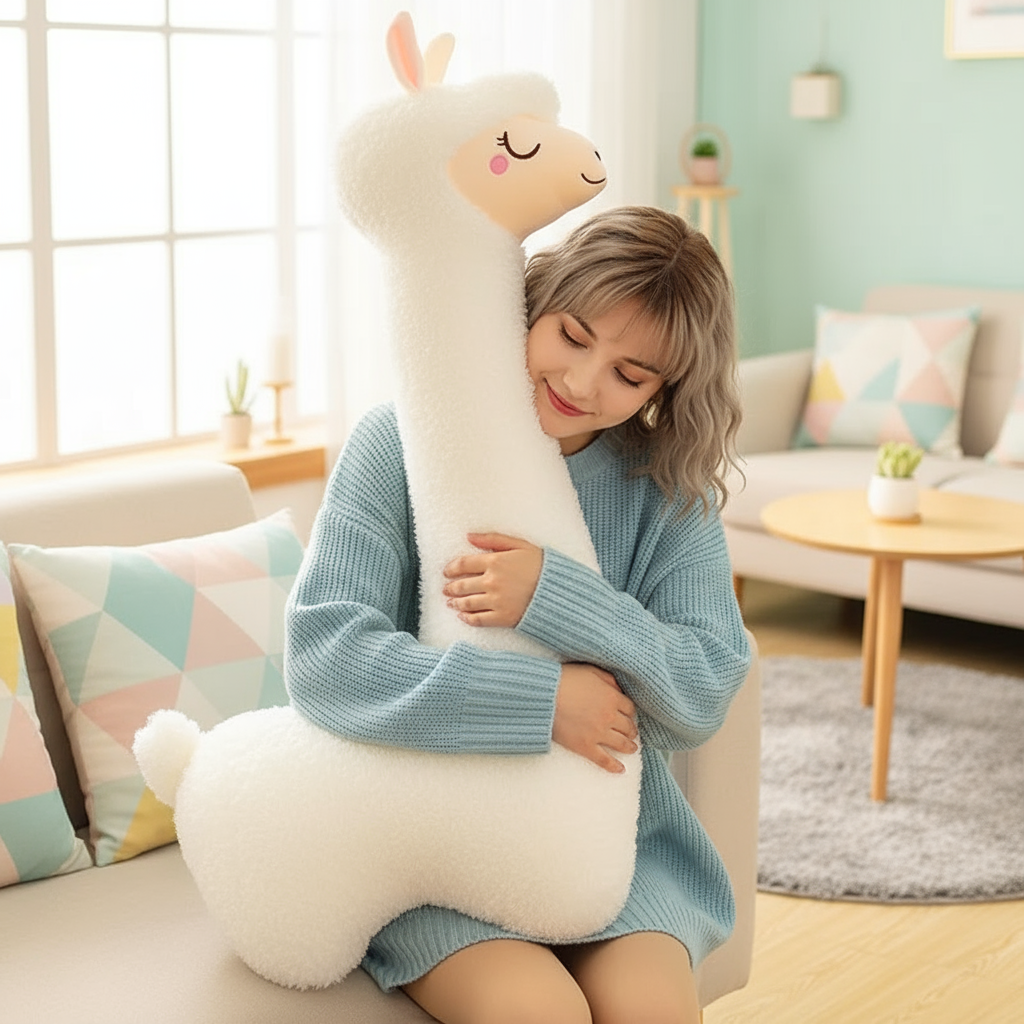 Woman hugging a large plush llama toy in a cozy living room.
