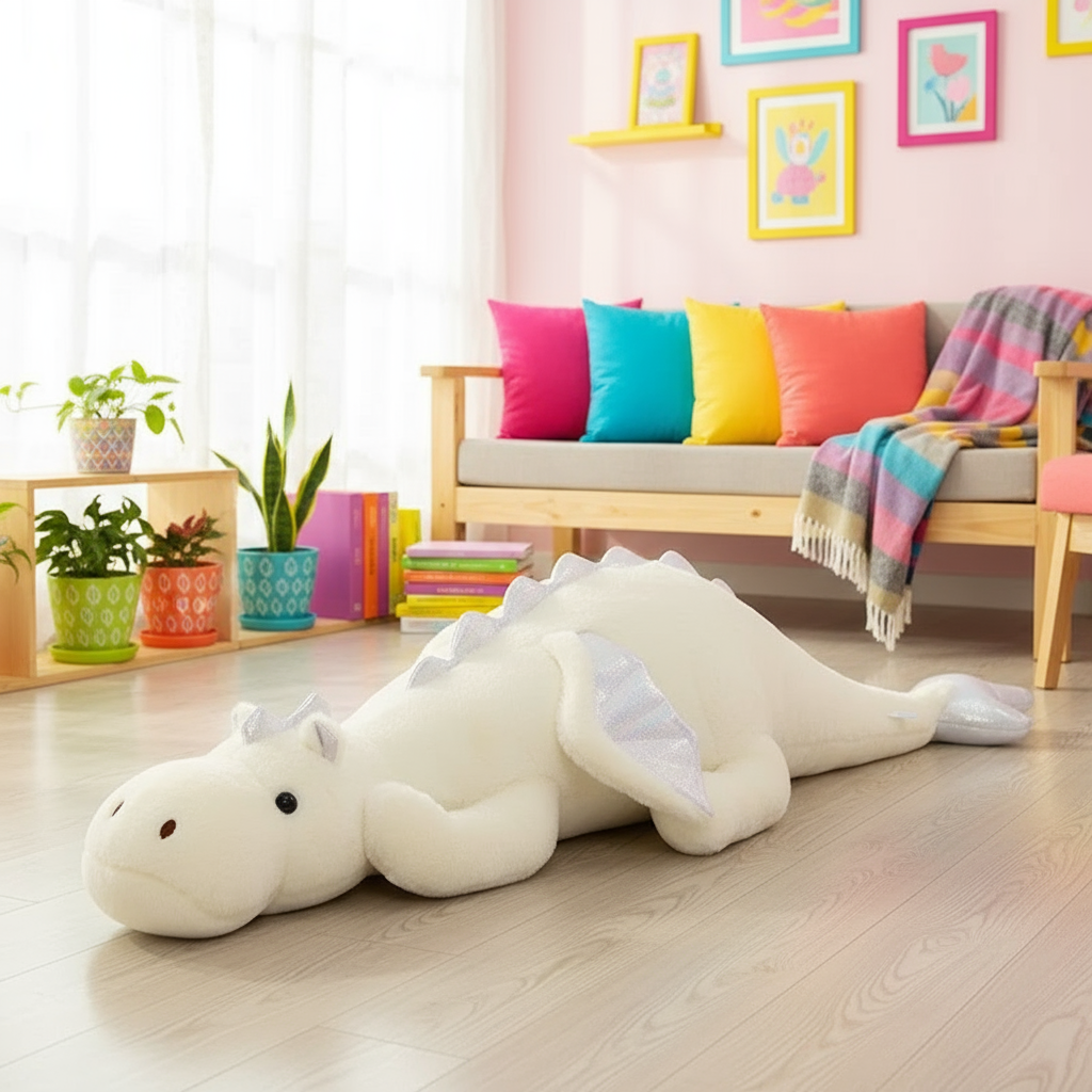 White dragon plush toy on a wooden floor with a colorful couch and plants in the background