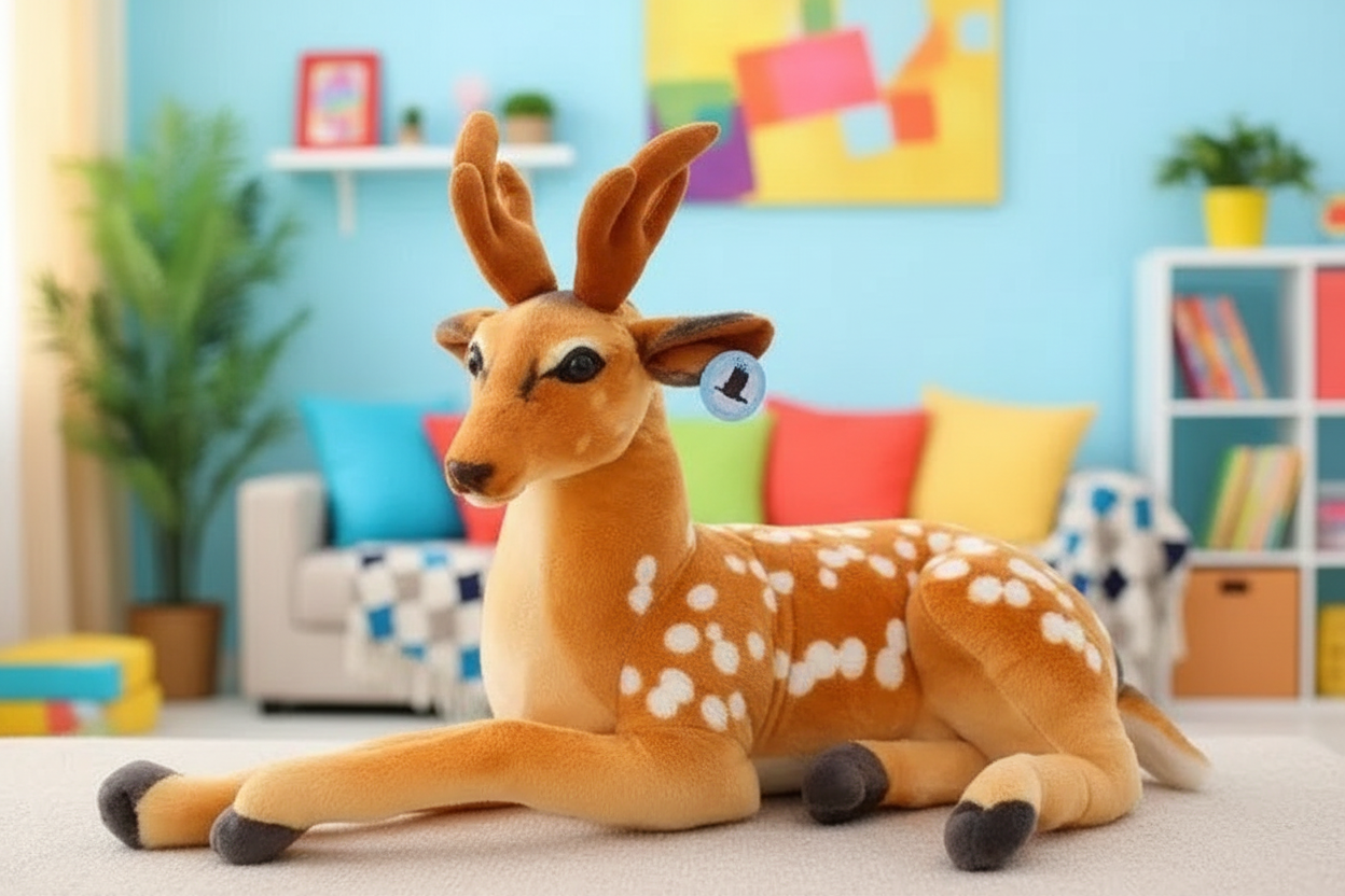 Deer plushie sitting on a carpet in a bright and colorful room