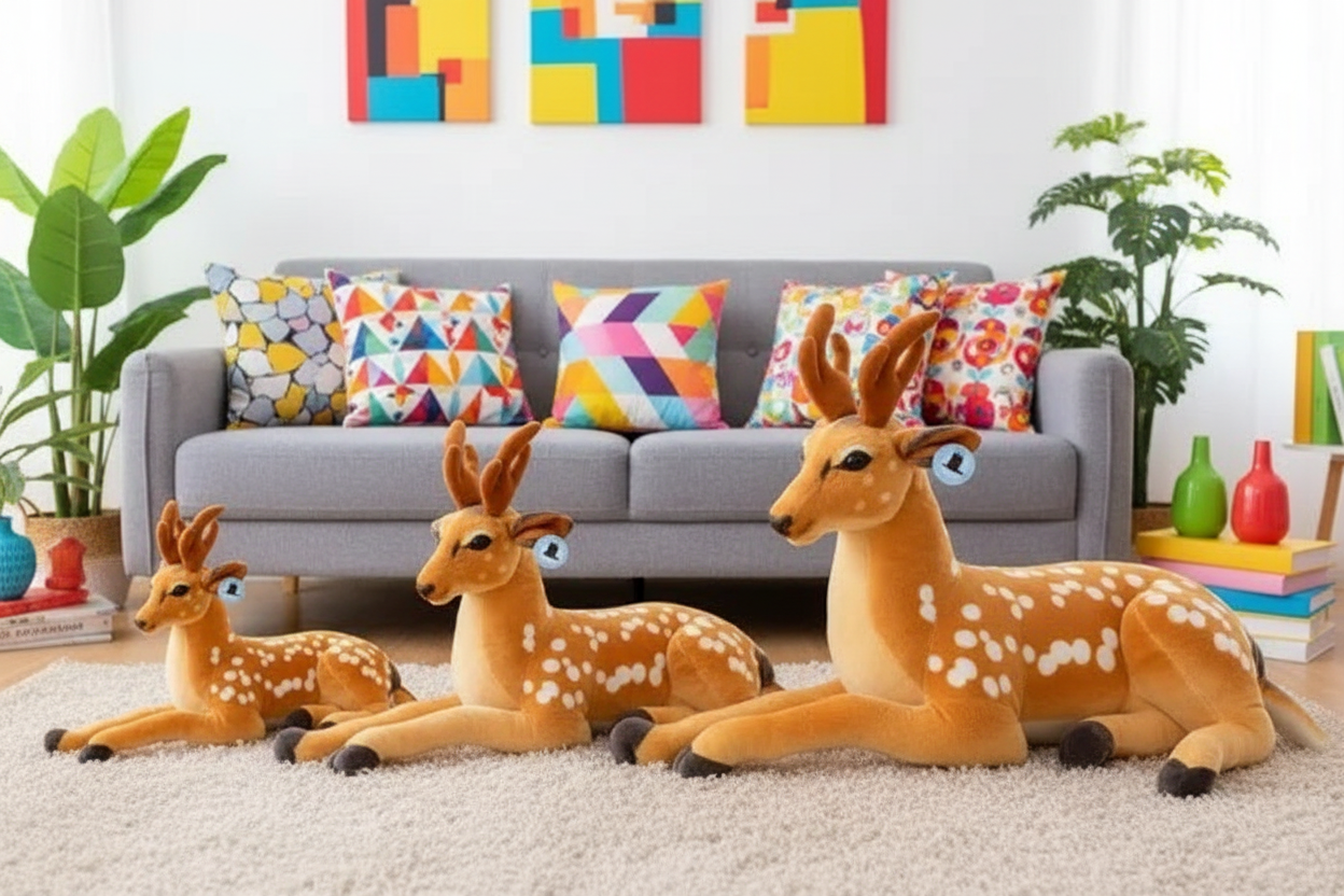 Three plush deer toys on a carpeted floor with a colorful couch and wall art in the background.