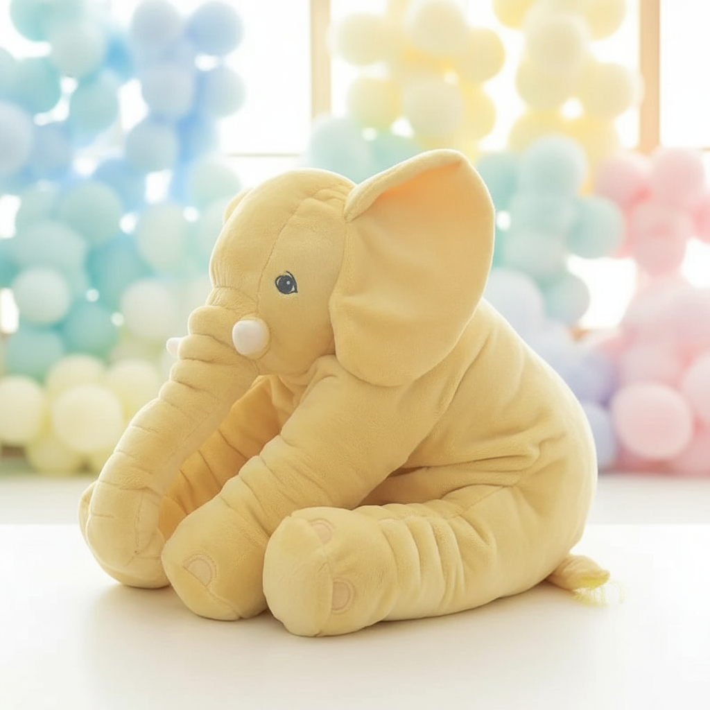 Yellow plush elephant toy with colorful balloons in the background